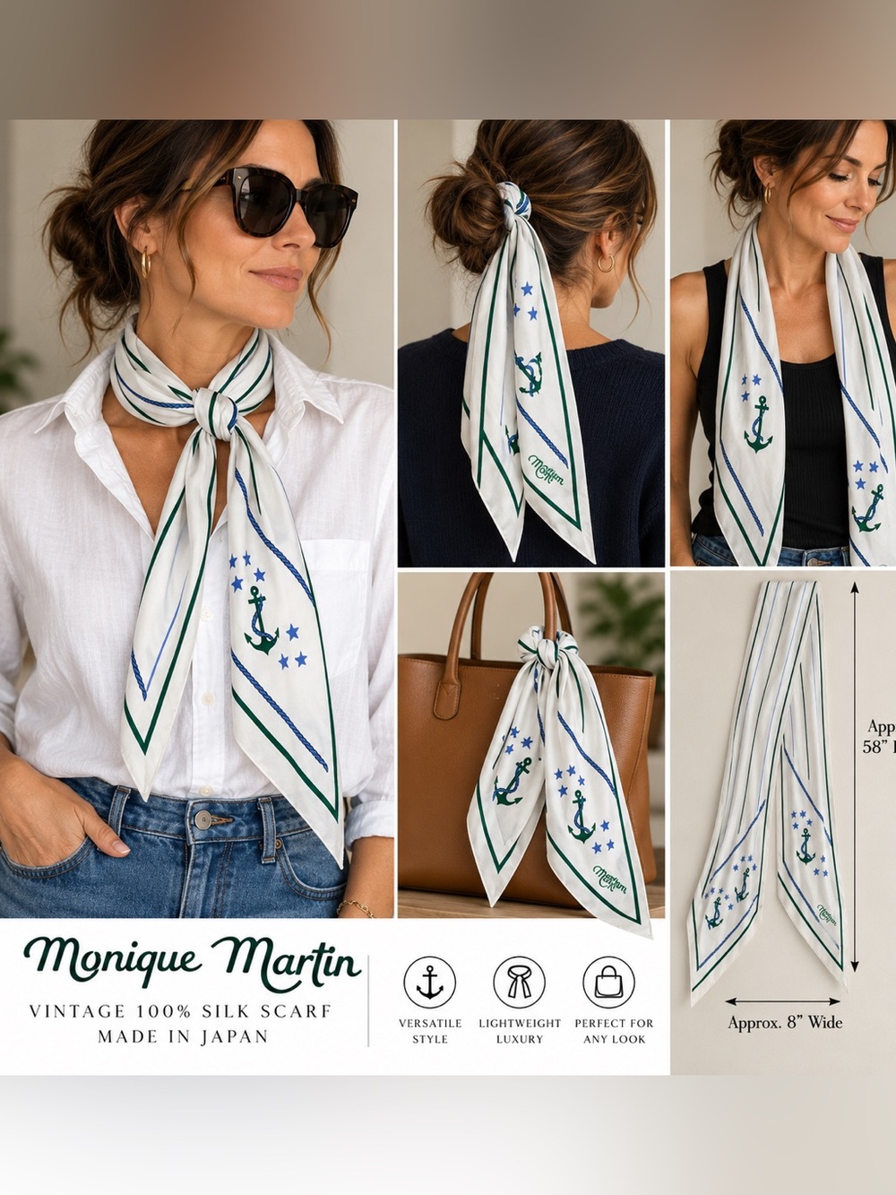 Vintage Monique Martin 100% Silk Nautical Anchor Scarf Made in Japan